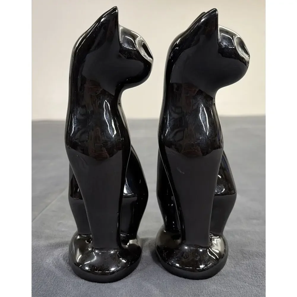 Vintage MCM Pair of Black Ceramic Cat Figurines Green Eyes Copy Cats 8.5” Chrty